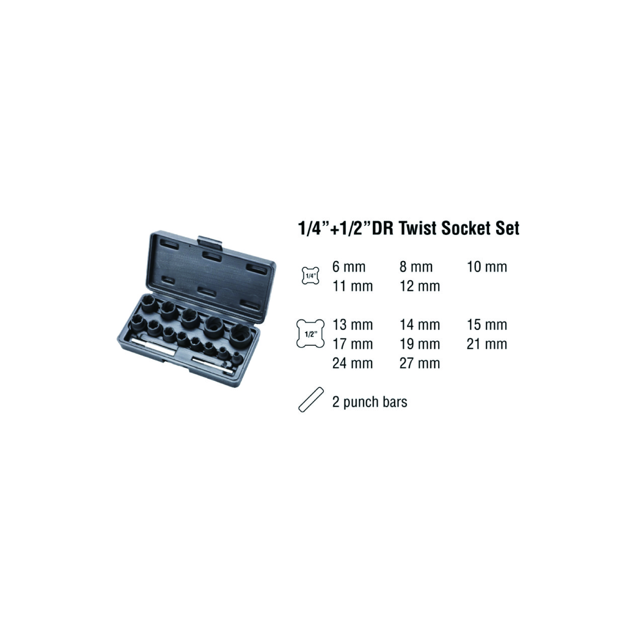 15pcs 1/4” & 1/2” Dr. Twist Socket Set